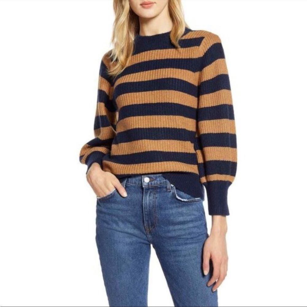 Halogen X Atlantic-Pacific Striped Crewneck Sweater Blouson sleeves XS